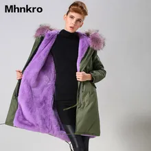 Mhnkro, сиреневый цвет, длинный стиль, элегантная женская куртка из искусственного меха, фиолетовый воротник из натурального енота, длинная стильная зимняя одежда, mr& Женская одежда