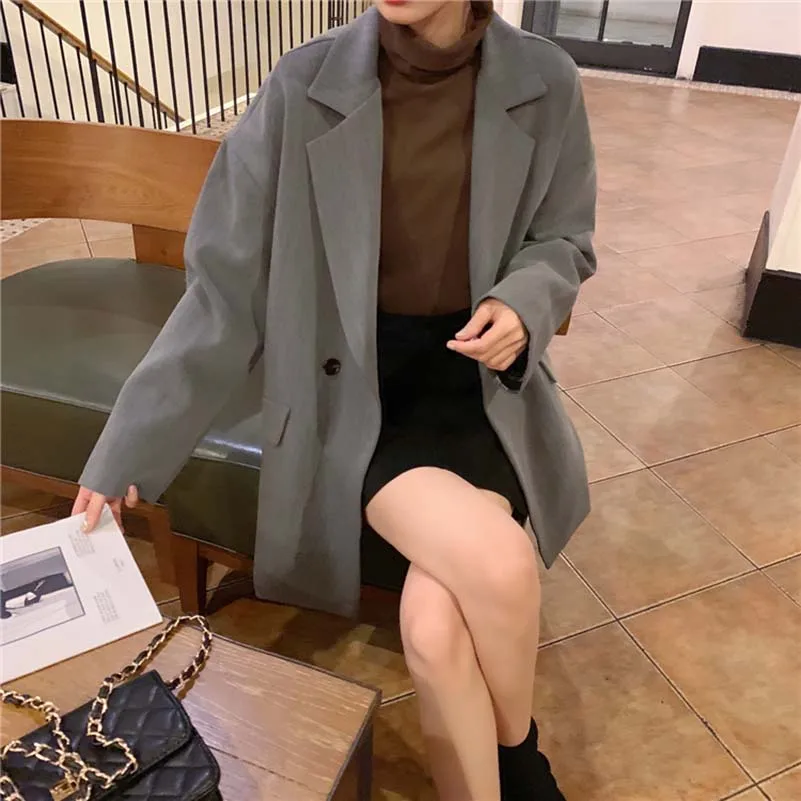 Korean Coat Women Long Sleeve Ulzzang Double Breasted Solid Two Colors 2019 Spring Autumn Outwear Casual Pocket Corduroy Jackets