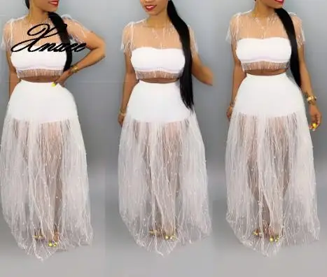 

2019 Women's Beaded Mesh Set Fairy Dress High Waist Medium Long Pleated Skirt Two-piece Set