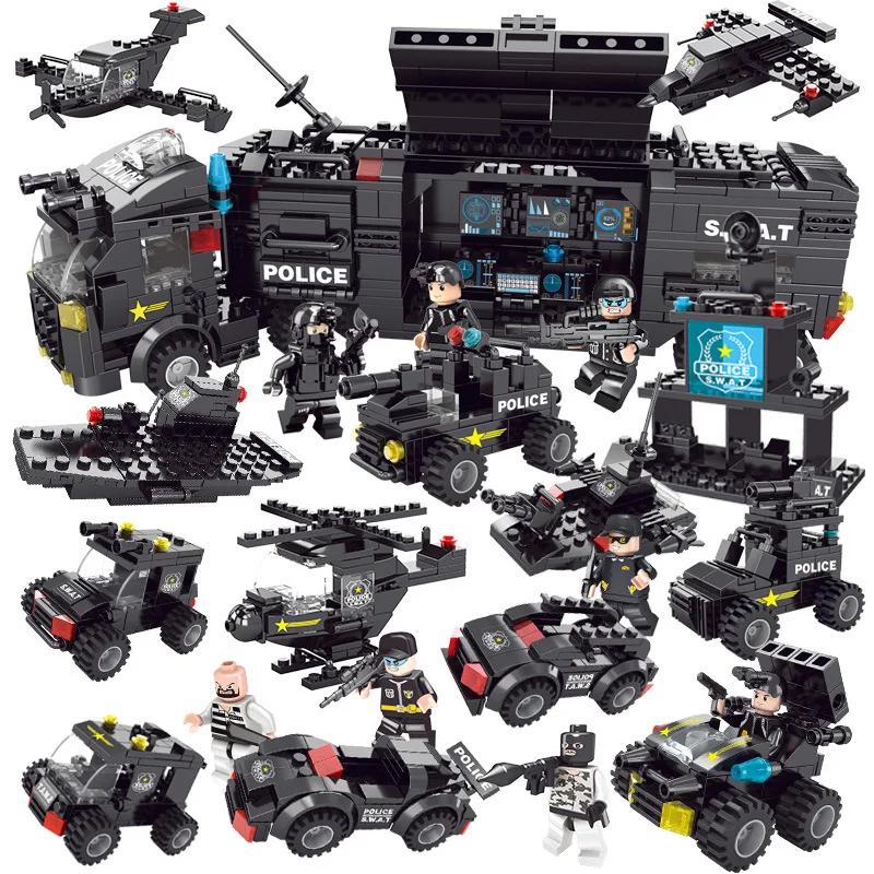 

8Set 750Pcs City Police SWAT Truck Building Blocks Sets Ship Helicopter Vehicle Technic Bricks Playmobil Toys For Children Duplo