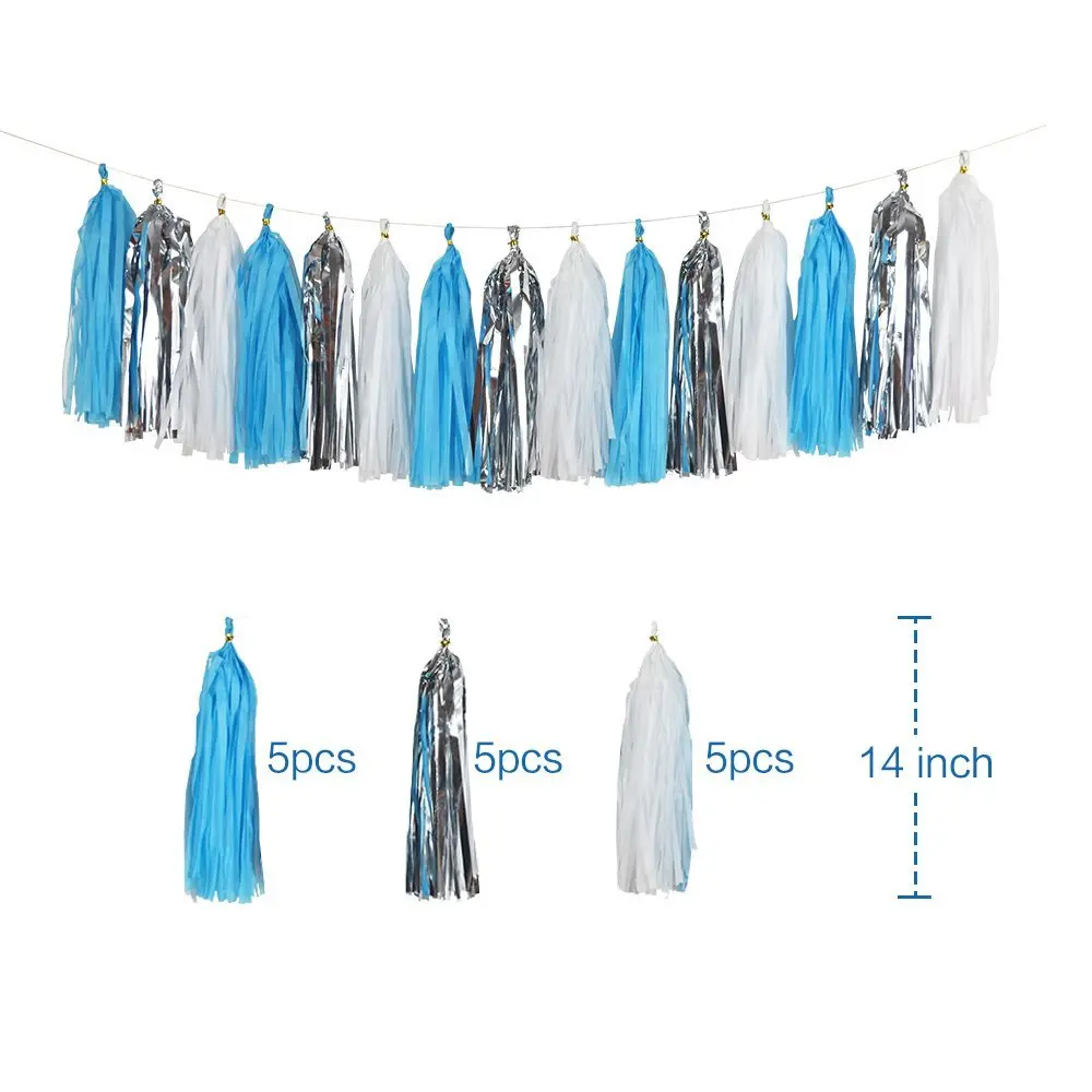 Frozen Theme White and Blue Party Decorations for Kids balloons, Pom Poms Flowers, birthday banner, paper Garland , Tassels Kit Frozen Theme White and Blue Party Decorations for Kids balloons, Pom Poms Flowers, birthday banner, paper Garland , Tassels Kit