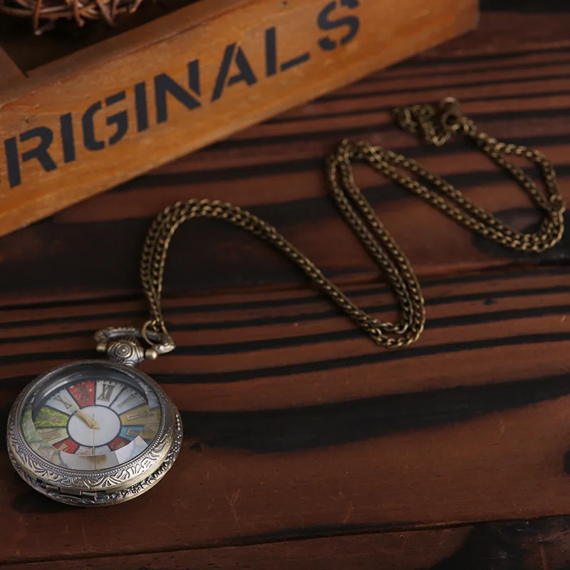 Retro Rome Number Bronze Colorful Dial Quartz Pocket Watch Necklace Pendant