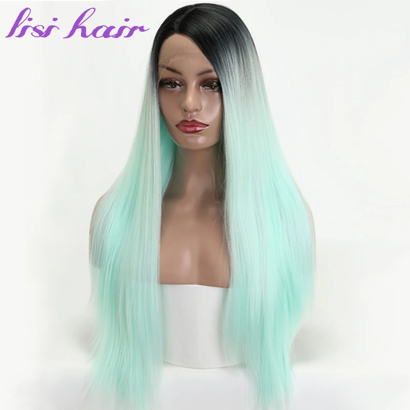 

LISI HAIR Long Straight Hair Synthetic Front Lace Wigs Cyan Black Golden Pink 4Colour African American For Black Women hairstyle
