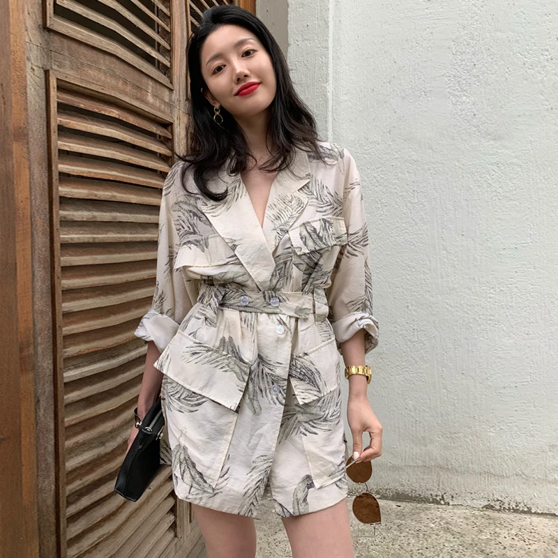 

Women summer thin print blazer with belt blazer 2019 Casual Suits