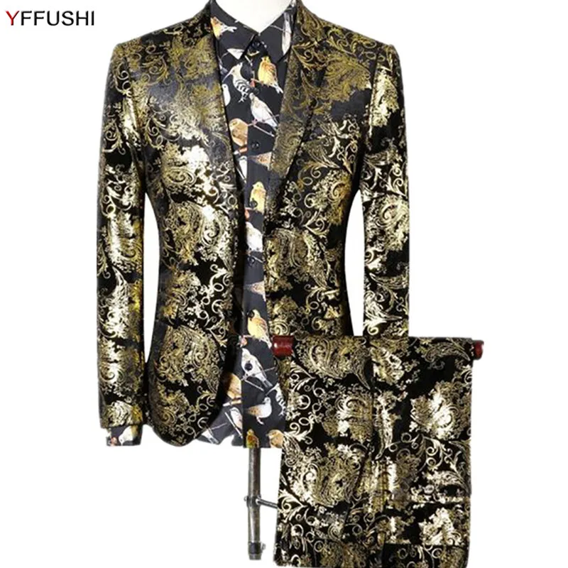 YFFUSHI Luxury Men Suit 2 Pieces Gold Jacquard Suits Wedding Suits for Men Stage Party Dress Plus Size Slim Fit 2018 Fashion