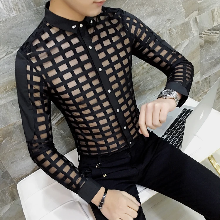 

Freeship New Sexy Male nightclub Personality Metrosexual white/black see through check pattern shirt Men's slim shirt Asia size