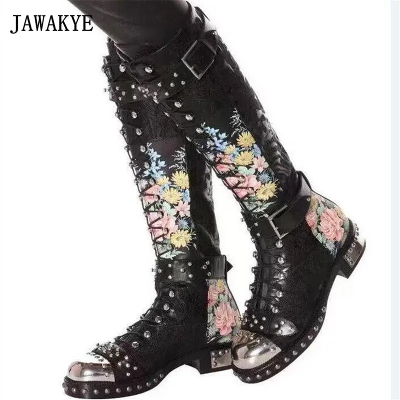 

JAWAKYE Rivets Studded Buckle Knee High Boots Women Embroidered Leather Print Flower Flat Motorcycle Boots Winter Shoes Woman
