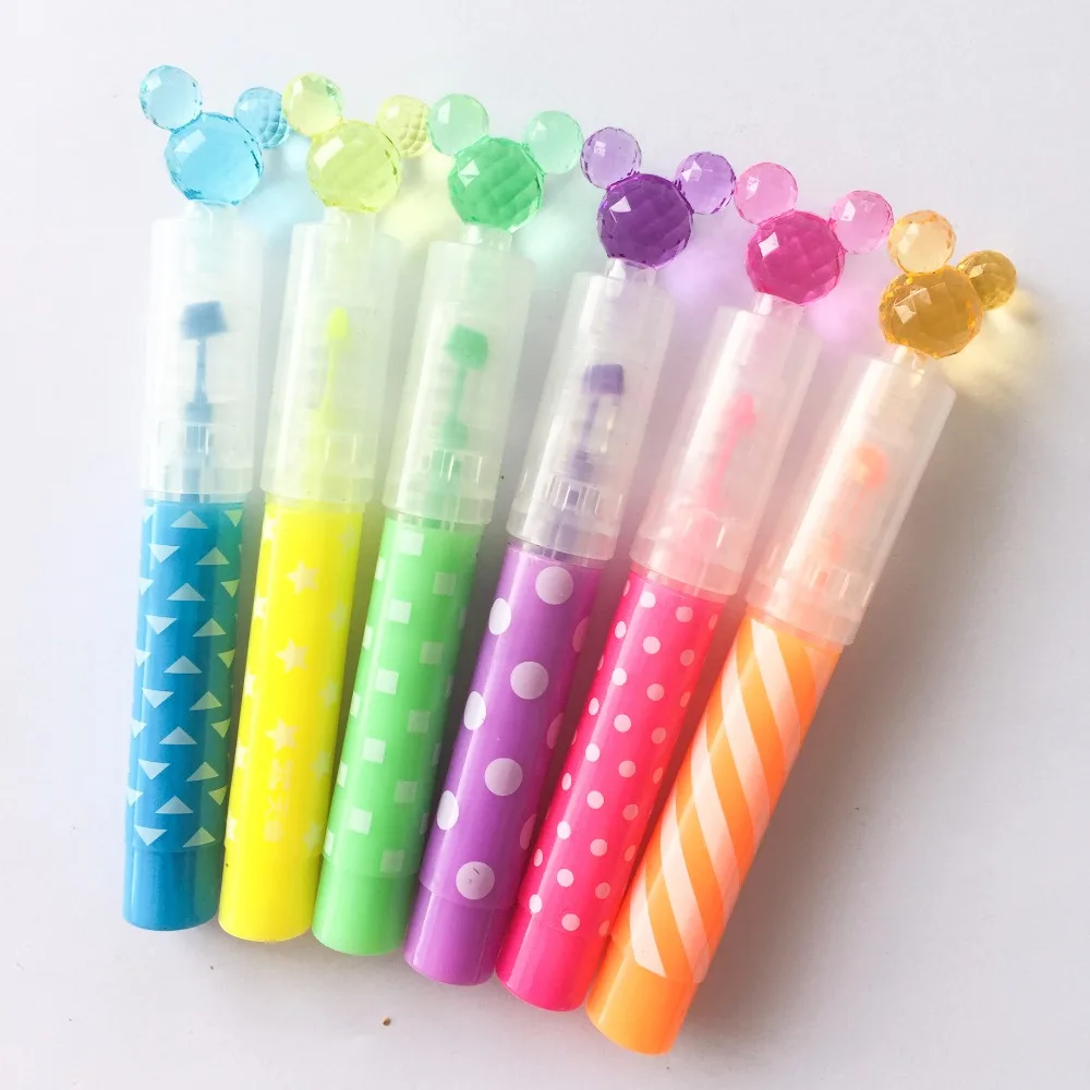 

R44 Set of 6 Cute Mouse Crystal Head Highlighter Paint Marker Pen Drawing Liquid Chalk Student Stationery School Office Supply