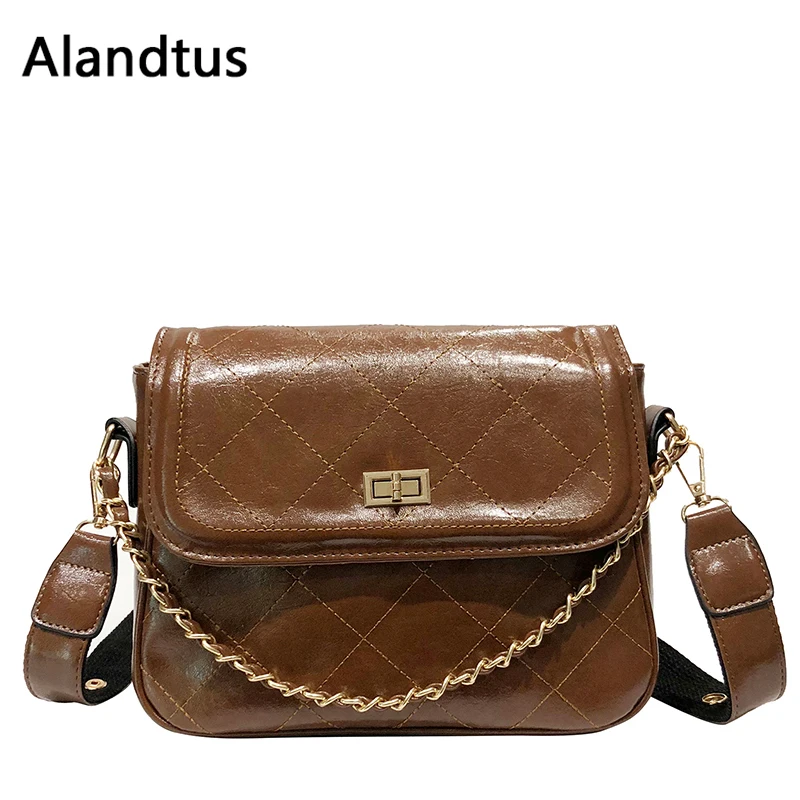 

Alandtus Crossbody Bags For Women 2019 Vintage Soft Leather Shoulder Bags Chain Ladies Casual Messenger Bag Small Square Bag