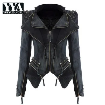 

Punk Style Women Fashion Rivet Demin Bomber Jacket Slim Turn Down Collar Plus Size Short Jean Coats Female Free Shipping Zipper
