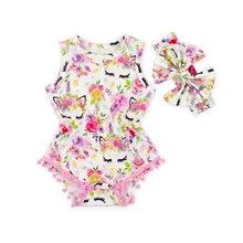 2019 new Summer baby girl unicorn pom pom rompers newborn Baby floral romper with headband infant child sleveless outfit clothes