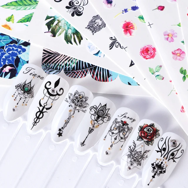 12 Designs Flamingo Water Nail Art Sticker Black Flower Necklace Decal Leaf Beauty Decoration For Nail Manicure Set SABN913-972