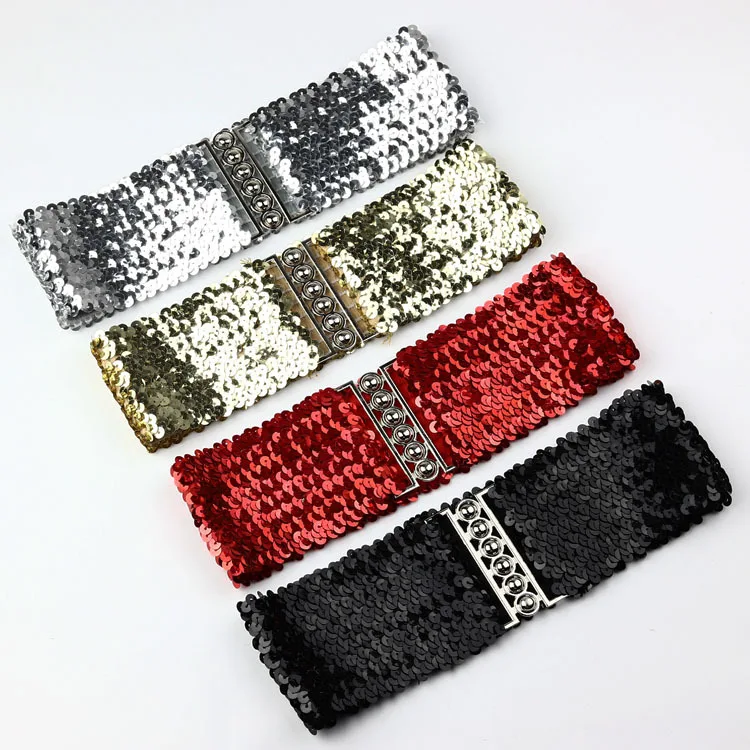 

European and American Style Sequins Elastic Belt Ladies Buckle Belt Sequin Belt Belts for Women Blingbling Dress Decoration