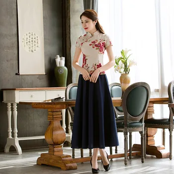 

Retro Traditional Chinese Dress Blend Linen Cheongsam Dress Set Two Piece Ladies Print Flower Elegant Plus Size Qipao Swing Skir