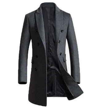 

Free Shipping Europe Style Men Wool Coats Winter Long Casual Windbreaker Slim fit Men Woolen Coat Grey Black Manteau Homme