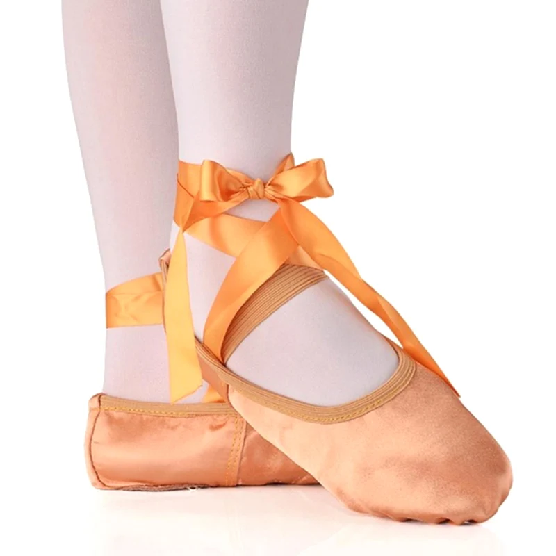 Children's and Adult Girls Ballet Dance Shoes Satin Gymnastics Flats Split Sole with Ribbon YH-17