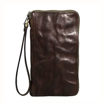 

Genuine Leather Retro Men Wallets Wrinkle Hand Colored Large Clutch Bags Multifunction Zipper Purse Wallet Card Holder Wristlets