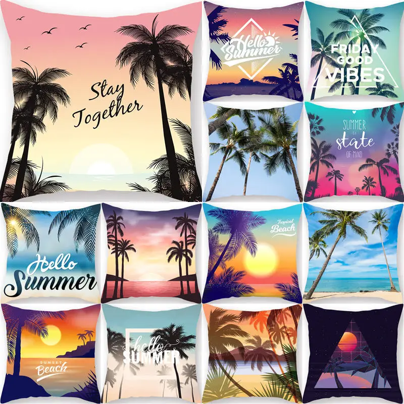 

1Pcs 45*45cm Cushion Cover Summer Ocean Landscape Coconut Tree Pattern Decorative Pillows Home Sofa Decoration Funda Cojin 40822