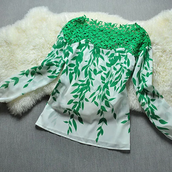 Goede Vrouwen Lace Hollow Shirts Leaf Print Puff Lange Mouwen Blouse Chiffon Tops Shirt Elegant Lady Lente Herfst Blouses