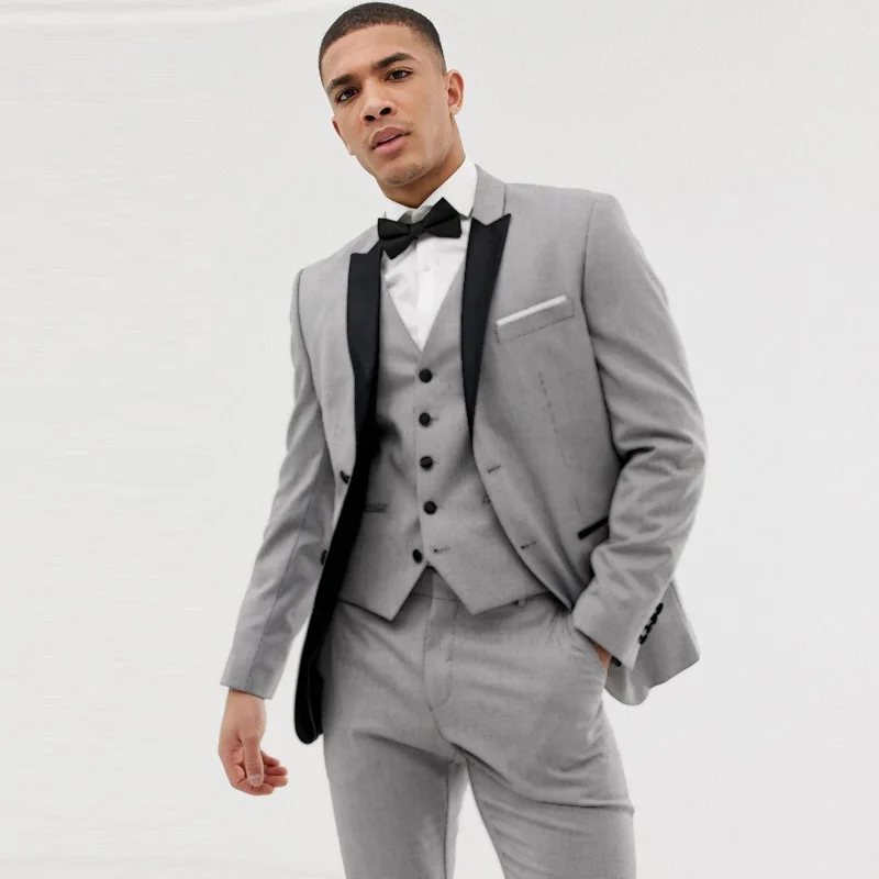 

Grey Men Suits for Wedding 2019 Groom Tuxedos Black Peaked Lapel Slim Fit Terno Masculino Best Man Blazer 3Piece Costume Homme