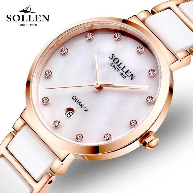 Koop 2017 Luxe Witte Keramische Vrouwen Horloge SOLLEN Merk Luxe Gouden Armband Horloges met Fijne Legering Band Vrouwen Jurk Horloge