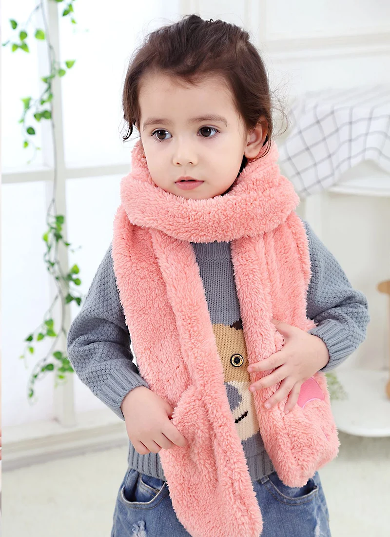 Fleece Baby Girls Neck Scarf Winter Kids Warm Scarves Super Soft Polyester Scarf Sweet Princess Pink Pocket Scarves Cute Red Bear's Paw (13)