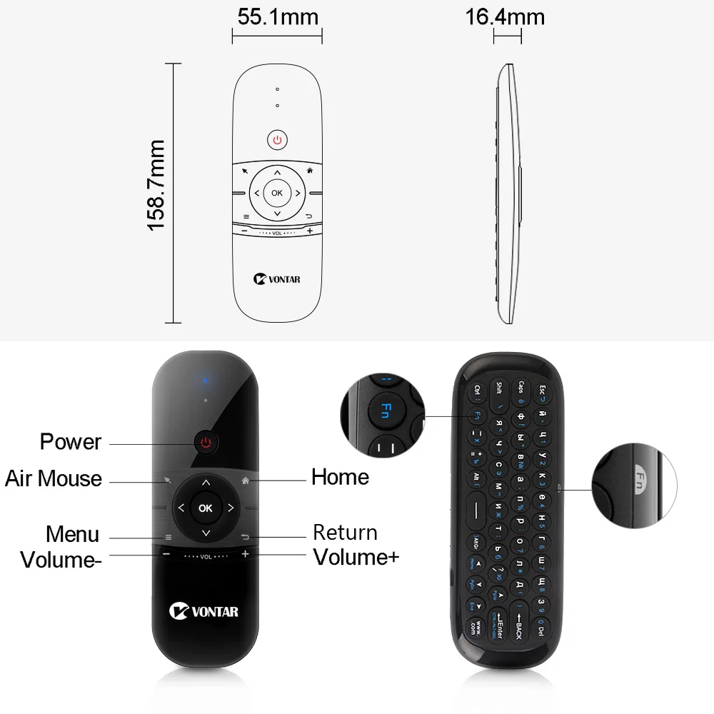 VONTAR Air mouse перезаряжаемая английская русская 2,4 ГГц Беспроводная клавиатура Пульт дистанционного управления для Windows Android tv Box PC gamer