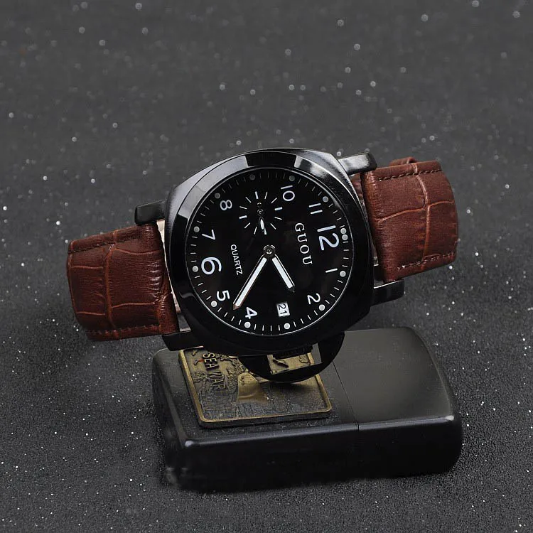 

Fashion Brand Wristwatches Quartz-Watches High-Grade Men's Watches Genuine Leather With Calendar Cool Black Factory Outlet
