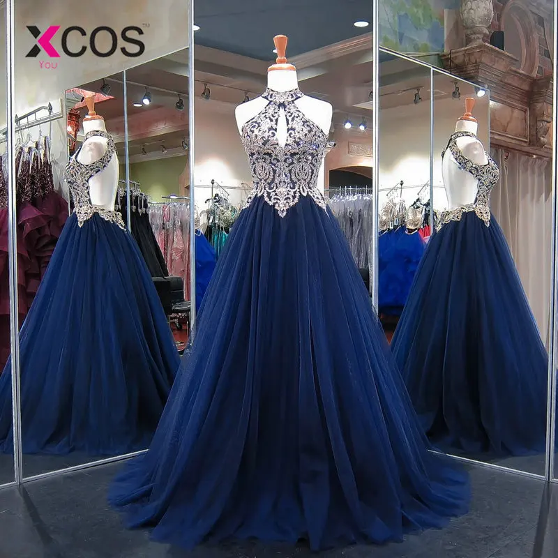 XCOS Сексуальные темно-синие платья с открытой спиной для выпускного вечера кружевное с аппликацией из бусин Длинные вечерние платья с лямкой на шее Vestido Formatura - Цвет: Navy Blue