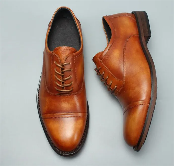 Мужские деловые кожаные оксфорды на не сужающемся книзу массивном каблуке; модельные туфли на шнуровке с круглым носком; goodyear; обувь ручной работы; повседневная обувь - Цвет: as pic