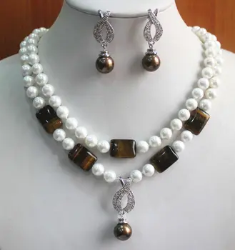 

Free shipping@@@@@ New Fashion 2 Rows Shell Pearl/Jade Necklace Earring Pendant Jewelry Set