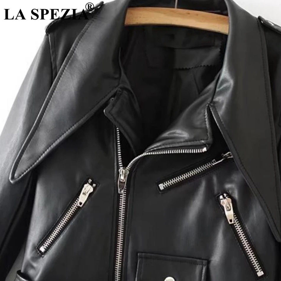 LA SPEZIA Motorcycle Jacket Women Black Leather Coats Female Biker Belt Zipper Pockets Punk Autumn Winter Classic Jackets 2019