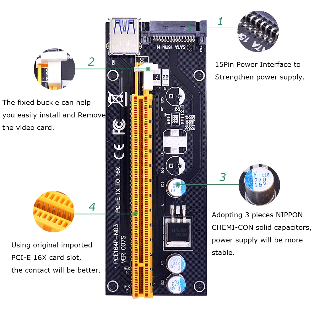 CHIPAL Black 007S PCI E Riser Card 007 PCIE 1X to 16X удлинитель 15Pin SATA Power 60 см USB 3 0 кабель для