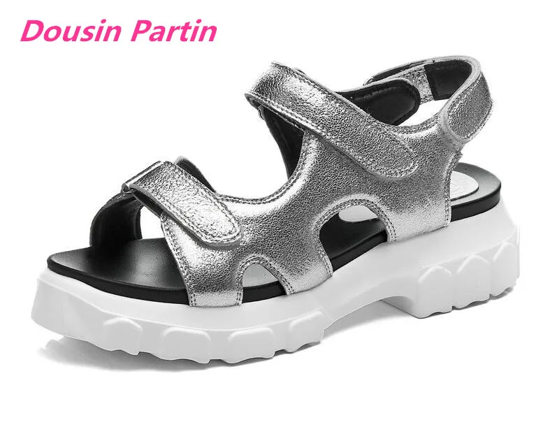 

Dousin Partin Women Sandals sheepskin Wedge Middle Heel Round Open-toed Hook&Loop Cut Outs Slingback Soft Bottom Shoes