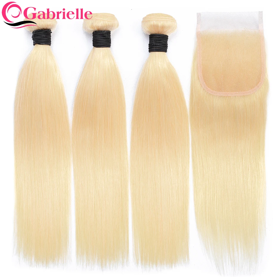 

Gabrielle 613 bundles with closure Brazilian Straight Remy Human Hair Weave Extenstions 10-30 Inch Bundles with lace closure