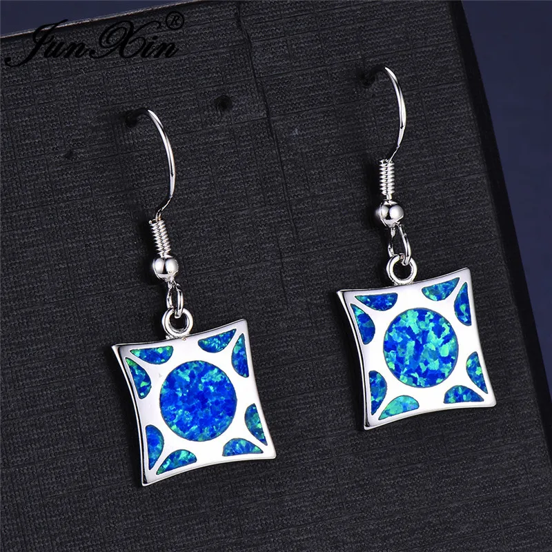 

JUNXIN Christmas Jewelry Square Stone Blue Fire Opal Drop Earrings For Women 925 Sterling Silver Rainbow Birthstone Earrings