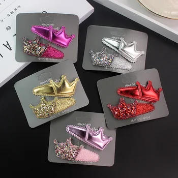 

12sets Fashion Cute Glitter Tiaras Snap Clips PU Leather Crown Barrettes Hairpins Princess Headwear Boutique Hair Accessories