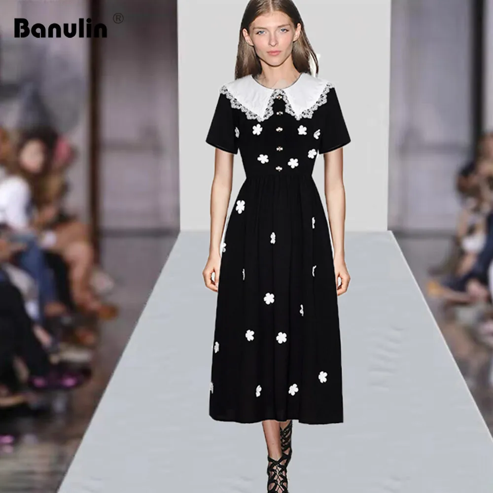 

Runway Designer Lace Peter Pearl Bee Button Pleated Dress 2019 Summer Women's Short Sleeve Embroidery Floral Midi Party Dresses