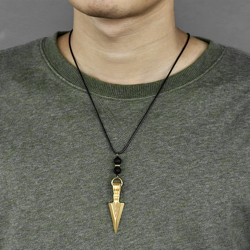 Уникальное 3" мужское ожерелье стрела из нержавеющей стали ожерелье с кулоном из лавы длинное кожаное ожерелье мужские Ювелирные изделия Подарки для мужчин DN11