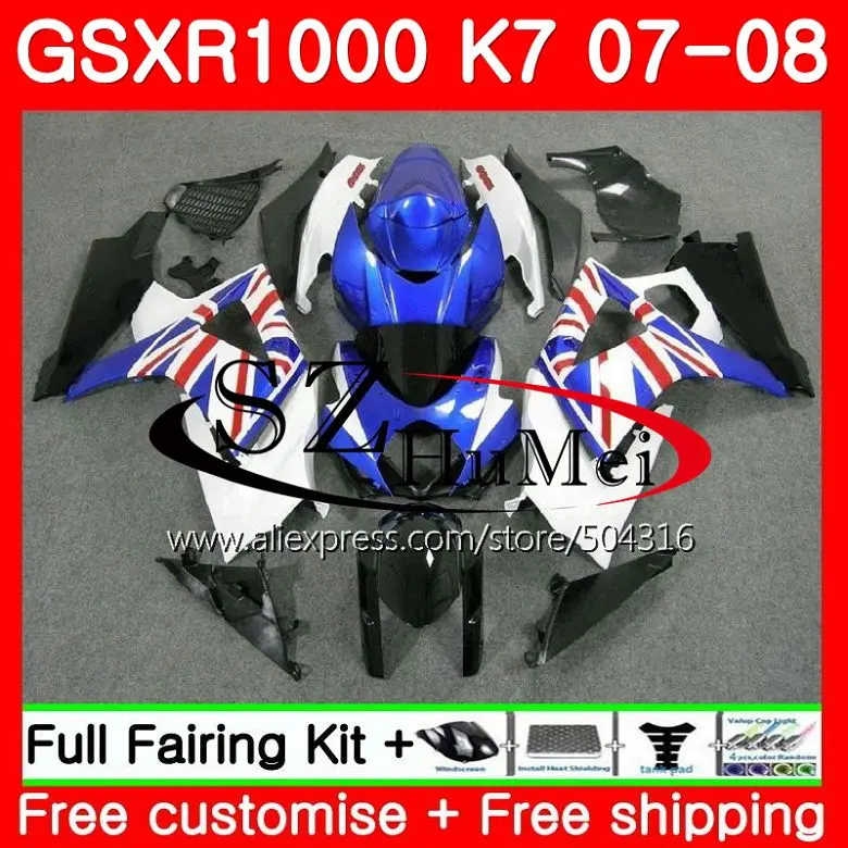 Комбинезоны для SUZUKI Белый Синий GSXR-1000 K7 GSX R1000 07 08 кузова 38SH13 GSXR1000 07 08 GSX-R1000 GSXR 1000 2007 2008 Обтекатели