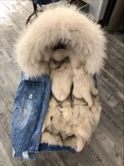 Color 4 Меховое пальто для женщин, большие размеры, Корейская одежда, парка, Лисий мех, подкладка из натурального меха енота, джинсовая куртка, Толстая теплая верхняя одежда - Цвет: Color 4