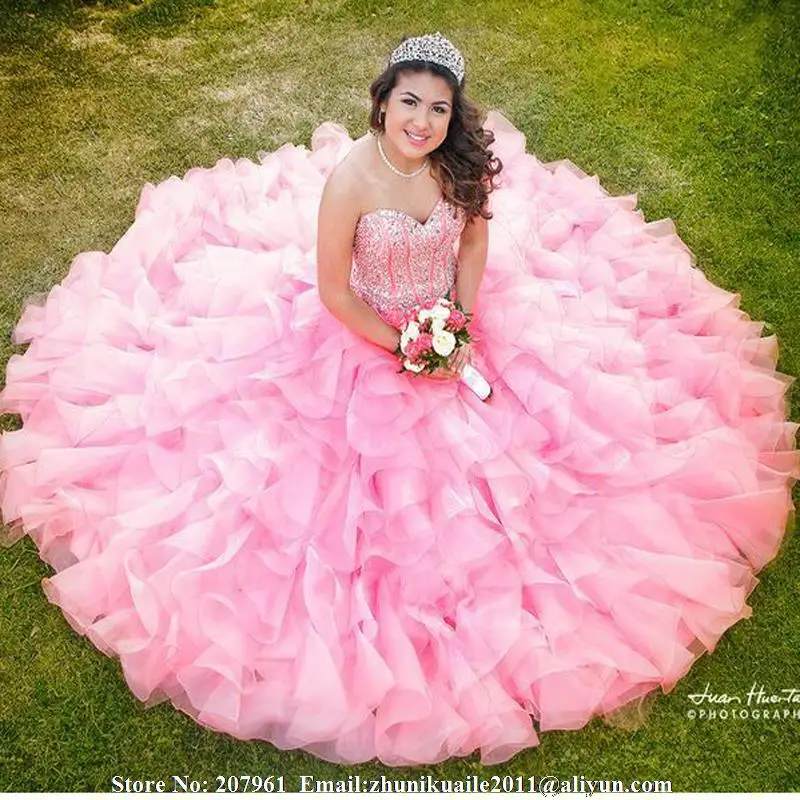 Vestidos De Longo розовые платья Quinceanera Милая Бисер кристаллы корсет многоуровневыми оборками сад вечерние платья