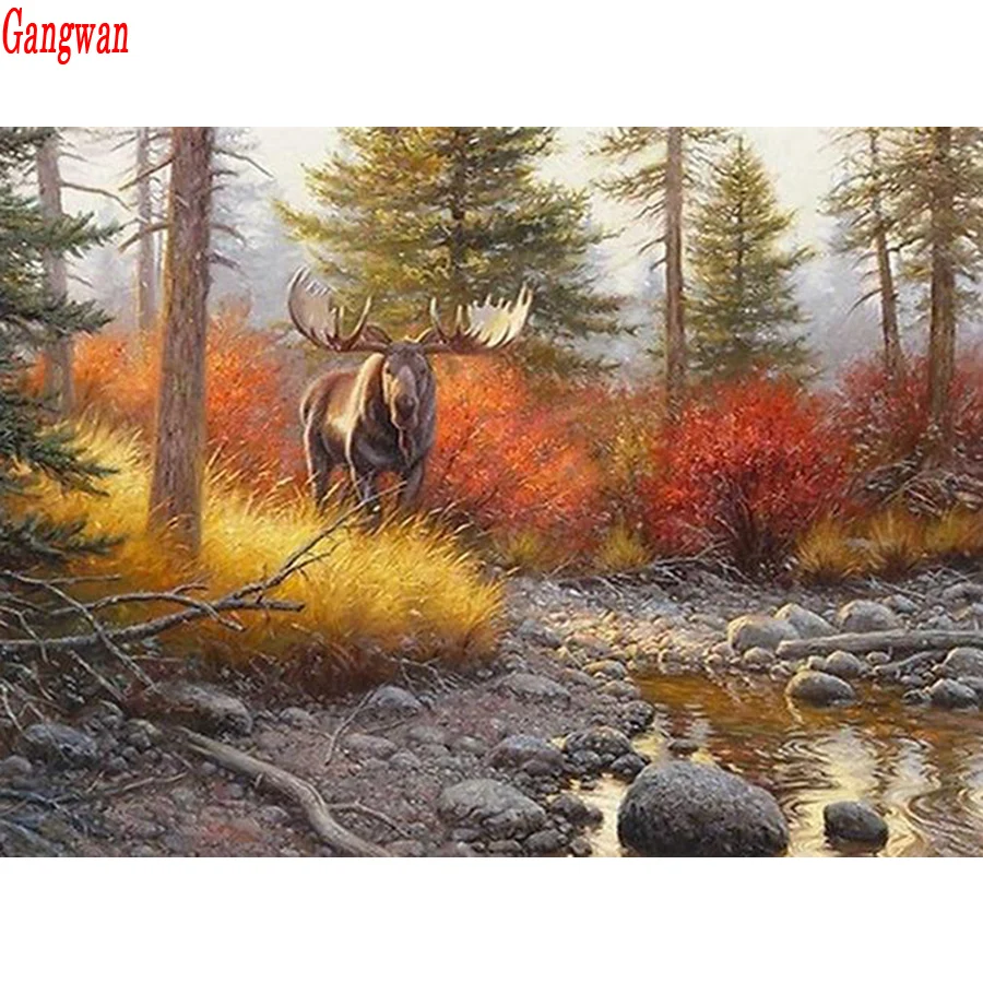 

5D Diy Full Square round Diamond Painting Cross Stitch Antumn Moose Diamond Embroidery elk Mosaic Rhinestone home decor