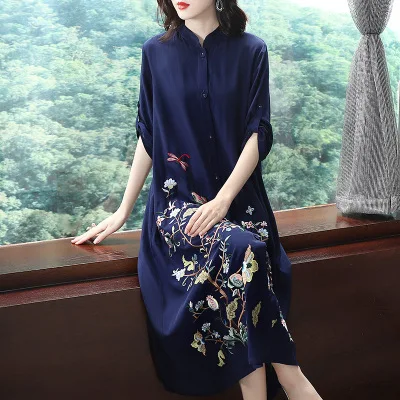 Высокое качество Брендовое китайское платье летнее платье плюс размер женское Цветочная вышивка 3/4 рукав винтажное длинное платье-рубашка Желтый - Цвет: blue