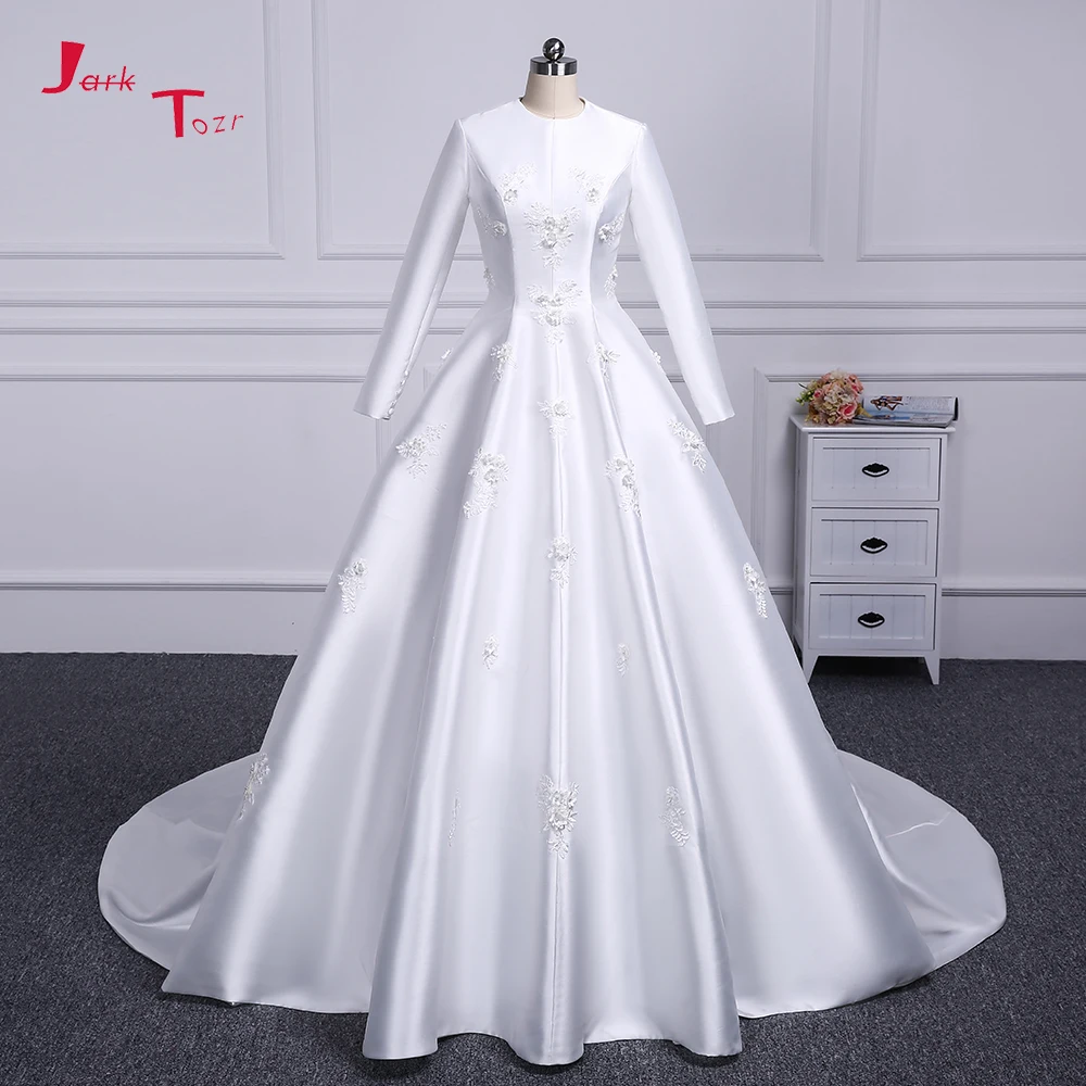 Jark Tozr Vestidos Novias Boda Белое Атласное роскошное мусульманское ТРАПЕЦИЕВИДНОЕ