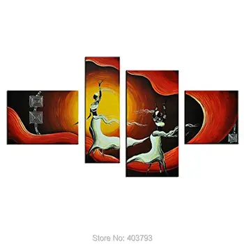 

4 Panel African Pictures Canvas Wall Art Modern Abstract Landscape Oil Painting African Dancers Figure Art Painting Hand Painted