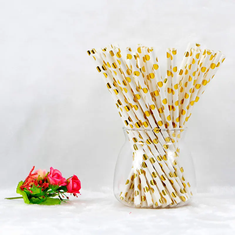 25pcs/pack Paper Disposable Straws Birthday Wedding Party Decor 19CM Gold Silver Polka Dot Striped Straws Event Party Supplies