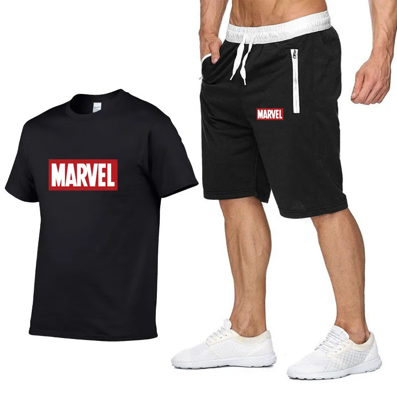 

2019 New marvel Tracksuit men T-shirt suit 2 piece casual short sleeve o-neck fashion printed cotton t shirt and shorts men XXL