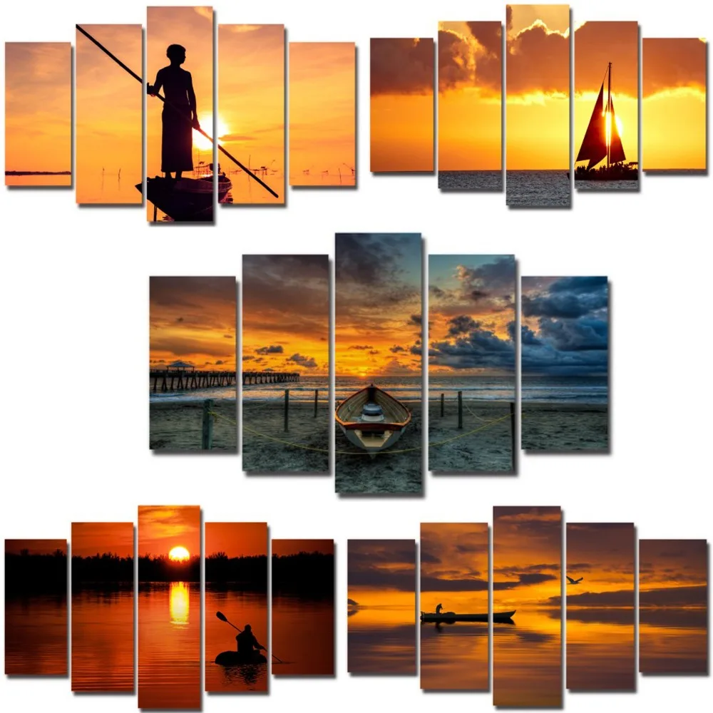 

5pcs canvas painting boat with sunset ship seascape set wall mural picture artwork framed for home decorative ready to hang