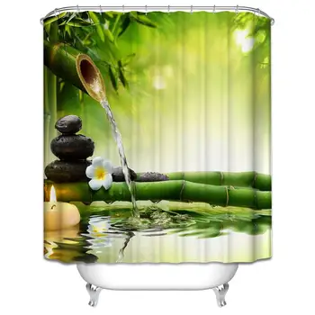 

3D Green Bamboo With Stone Pillar Shower Curtain Water Nature Landscape Bathroom Waterproof Polyester Fabric For Bathtub Decor